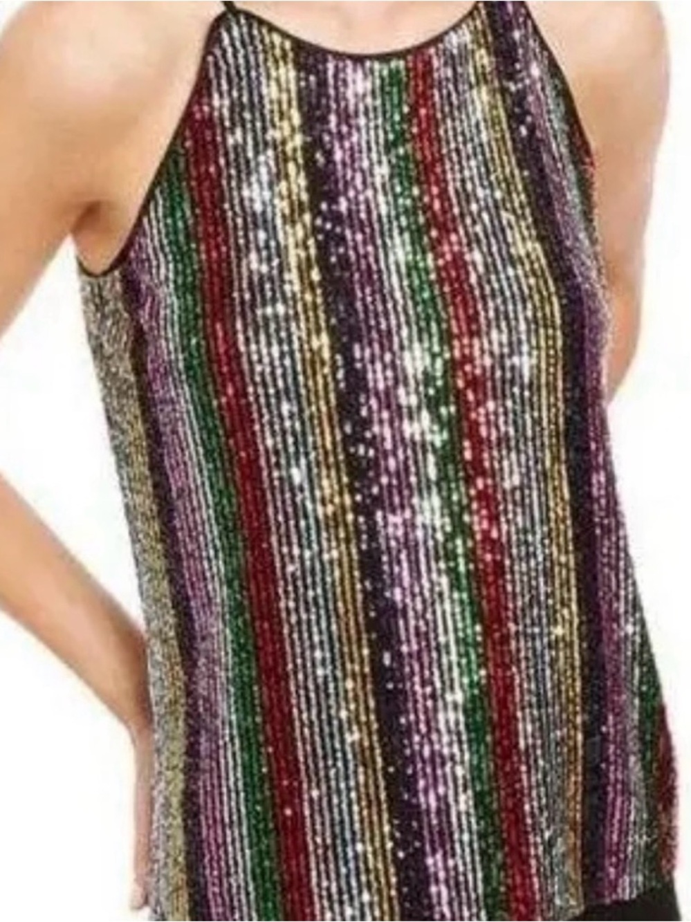 INC International Concepts Black Halter Tank with Rainbow Multicolor Sequins, XL